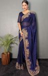 LATEST RANGOLI SILK ZARI WORK WITH SWAROVSKI WORK READY TO WEAR SAREE WITH UNSTITCHED BLOUSE NAVY BLUE
