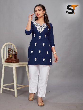 LATEST RAYON EMBROIDERY WORK SHORT KURTI  NAVY BLUE
