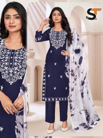 LATEST RAYON EMBROIDERY WORK TOP BOTTOM WITH DUPATTA  NAVY BLUE