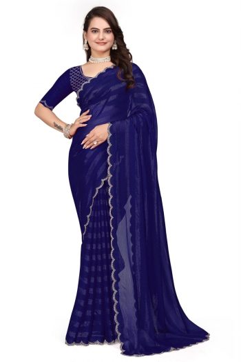 LATEST RIMZIM PATTA HOT FIX SAREE WITH UNSTITCHED BLOUSE NAVY BLUE