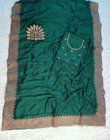 LATEST VICHITRA SILK ZARI WORK WITH SWAROVSKI WORK SAREE WITH UNSTITCHED BLOUSE GREEN