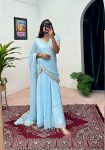 NEW ARRIVAL FAUX GEORGETTE EMBROIDERY LACE WORK GOWN SAREE SKY BLUE
