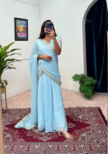 NEW ARRIVAL FAUX GEORGETTE EMBROIDERY LACE WORK GOWN SAREE SKY BLUE