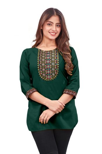 NEW ARRIVAL RAYON EMBROIDERY WORK KURTI GREEN