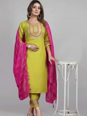 NEW ARRIVAL RAYON SLUB EMBROIDERY WORK TOP BOTTOM WITH DUPATTA  LEMON