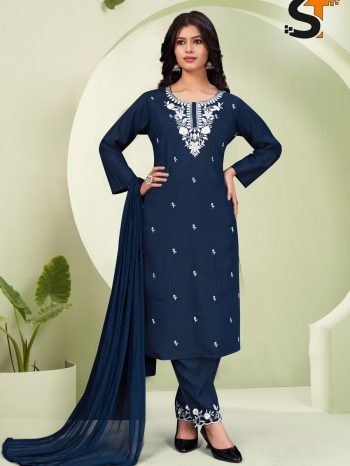 NEW ARRIVAL ROMAN SILK EMBROIDERY SEQUENCE WORK TOP BOTTOM WITH DUPATTA NAVY BLUE