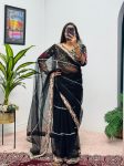TRENDING BUTTERFLY NET EMBROIDERY SEQUENCE PEARL MOTI WORK SAREE WITH UNSTITCHED BLOUSE BLACK