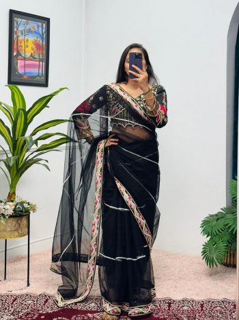 TRENDING BUTTERFLY NET EMBROIDERY SEQUENCE PEARL MOTI WORK SAREE WITH UNSTITCHED BLOUSE BLACK
