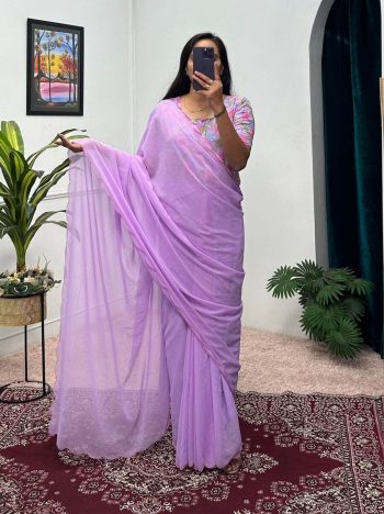 TRENDING FAUX GEORGETTE EMBROIDERY WORK READY TO WEAR GOWN SAREE WITH WAIST BELT LAVENDER