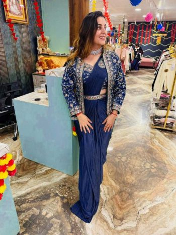 DESIGNER RANGOLI SILK EMBROIDERY BUTTA WORK READY TO WEAR SAREE WITH FULLY STITCHED BLOUSE KOTI AND WAITST BELT BLUE