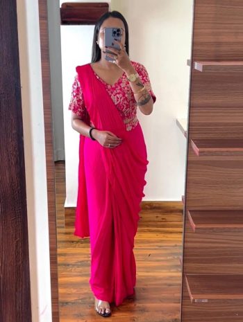 DESIGNER CHINON EMBROIDERY CODING WORK READY TO WEAR SAREE WITH STITCHED BLOUSE AND BELT  RANI
