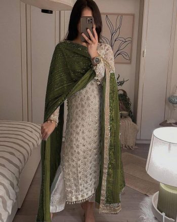ATTRACTIVE GEORGETTE SEQUENCE EMBROIDERY WORK TOP PANT WITH DUPATTA MEHNDI