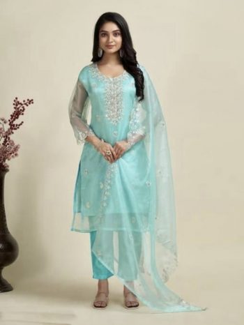 DESIGNER ORGANZA EMBROIDERY WORK TOP BOTTOM WITH DUPATTA SKY