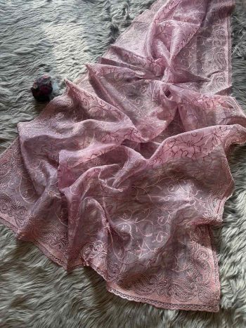 DESIGNER ORGANZA SILK EMBROIDERY THREAD SPARKLING HOTFIX DIAMOND WORK SAREE WITH UNSTITCHED BLOUSE BABY PINK
