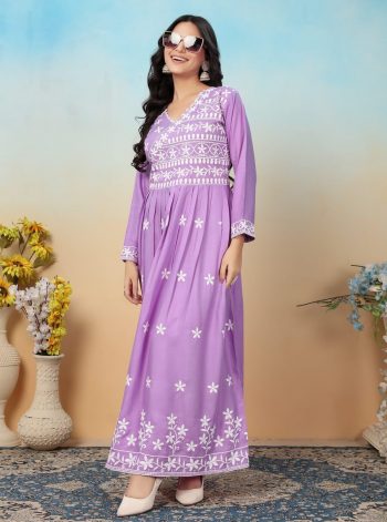 DESIGNER RAYON CHIKANKARI EMBROIDER WORK TOP BOTTOM SET LAVENDER