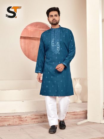 DESIGNER SILK EMBROIDERY AND SEQUENCE WORK MEN'S KURTA PAYJAMA  RAMA