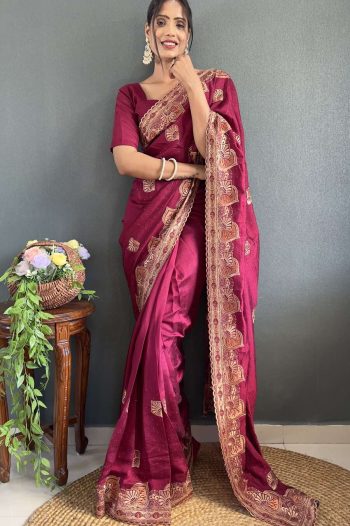 DESIGNER VICHITRA SILK ZARI AND STONE WORK WITH CUT WORK BORDER READY TO WEAR SAREE WITH UNSTITCHED BLOUSE  MAROON