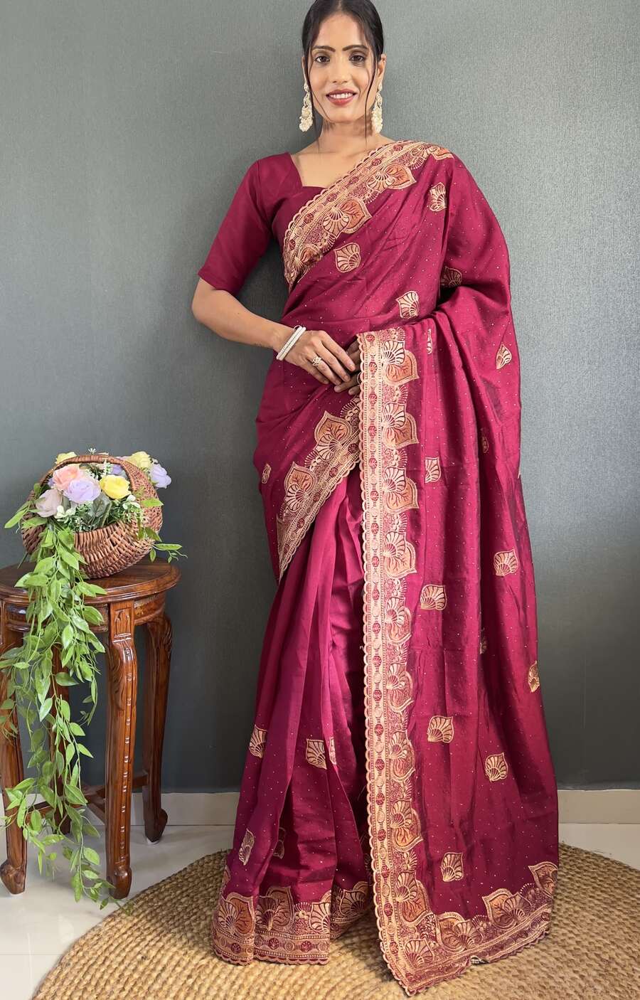 3DESIGNER VICHITRA SILK ZARI AND STONE WORK WITH CUT WORK BORDER READY TO WEAR SAREE WITH UNSTITCHED BLOUSE PARTY WEAR WHOLESALE PRICE ETHNIC GARMENT (2)