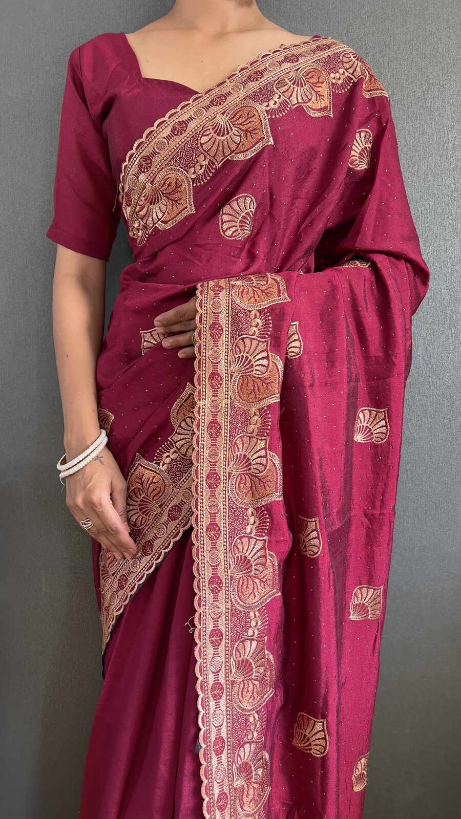 3DESIGNER VICHITRA SILK ZARI AND STONE WORK WITH CUT WORK BORDER READY TO WEAR SAREE WITH UNSTITCHED BLOUSE PARTY WEAR WHOLESALE PRICE ETHNIC GARMENT (4)
