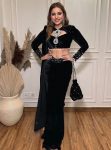 DESIGNER VISCOSE VELVET PEARL MOTI WORK DRAPE LEHENGA SAREE WITH STITCHED BLOUSE BLACK