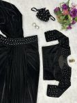 3DESIGNER VISCOSE VELVET PEARL MOTI WORK DRAPE LEHENGA SAREE WITH STITCHED BLOUSE AND BATWA PARTYWEAR WHOLESALE PRICE ETHNIC GARMENT (19)