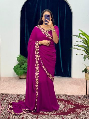 FANCY GEORGETTE FLAIRED LACE WORK GOWN SAREE WITH ATTACHED PALLU WINE
