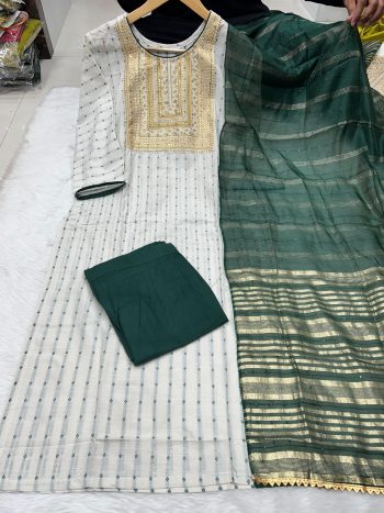 LATEST COTTON EMBROIDERY WEAVING WORK TOP BOTTOM WITH DUPATTA GREEN