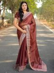 LATEST JIMMY CHOO EMBROIDERY WORK BORDER WITH CUT WORK SAREE WITH UNSTITCHED BLOUSE  BROWN