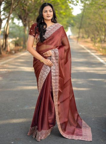 LATEST JIMMY CHOO EMBROIDERY WORK BORDER WITH CUT WORK SAREE WITH UNSTITCHED BLOUSE  BROWN