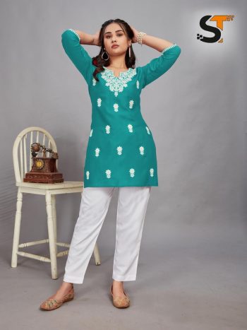 LATEST RAYON EMBROIDERY WORK SHORT KURTI SKY