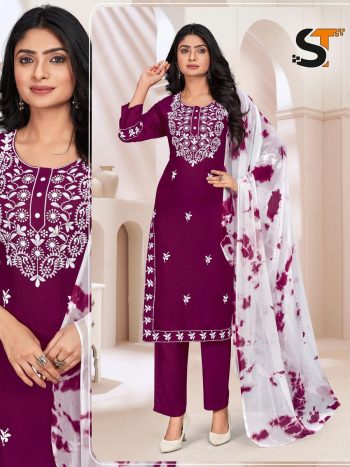 LATEST RAYON EMBROIDERY WORK TOP BOTTOM WITH DUPATTA  WINE