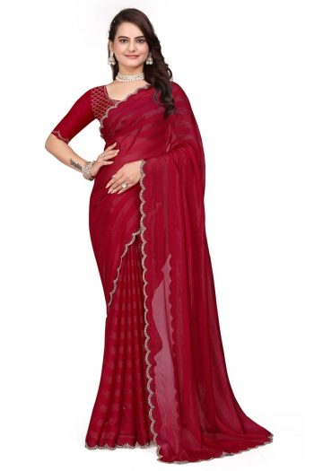 LATEST RIMZIM PATTA HOT FIX SAREE WITH UNSTITCHED BLOUSE RED