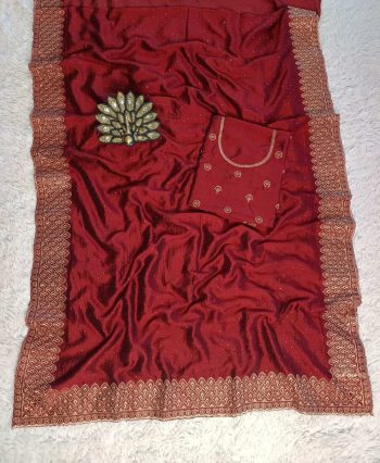 LATEST VICHITRA SILK ZARI WORK WITH SWAROVSKI WORK SAREE WITH UNSTITCHED BLOUSE MAROON