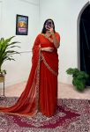 NEW ARRIVAL FAUX GEORGETTE EMBROIDERY LACE WORK GOWN SAREE ORANGE