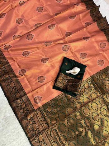 NEW ARRIVAL KANJIVARAM SILK COPPER AND GOLD  ZARI WEAVING WORK SAREE WITH UNSTITCHED BLOUSE PEACH