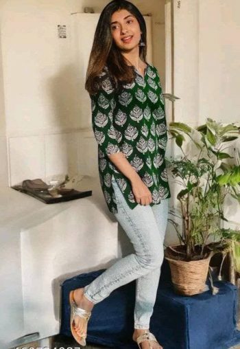 NEW ARRIVAL RAYON DIGITAL PRINTED SHORT KURTI GREEN