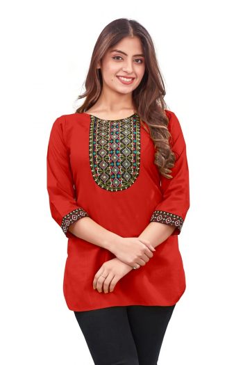 NEW ARRIVAL RAYON EMBROIDERY WORK KURTI RED