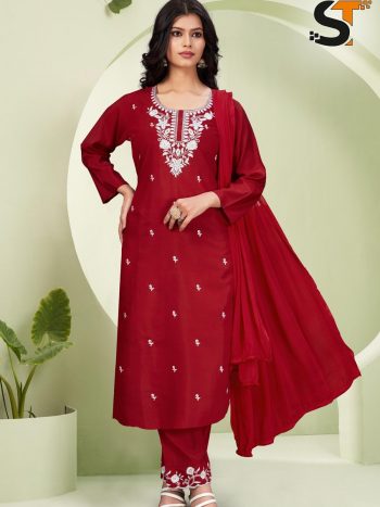 NEW ARRIVAL ROMAN SILK EMBROIDERY SEQUENCE WORK TOP BOTTOM WITH DUPATTA RED