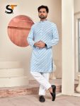 RICH LOOK RAYON CHIKAN DUBLE THREAD WORK MEN'S KURTA PAYJAMA SET SKY