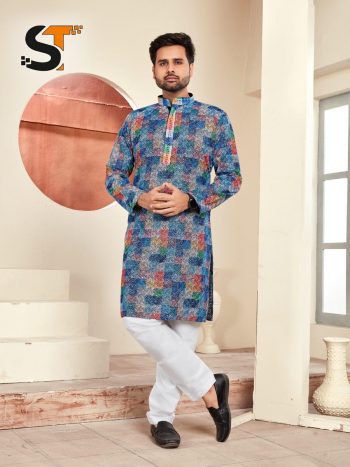 RICH LOOK RAYON CHIKAN WORK MEN'S KURTA PAYJAMA SET  BLUE