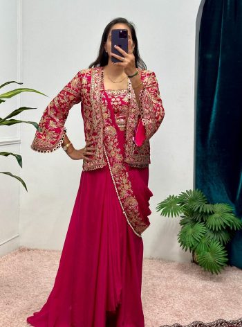 CHINON EMBROIDERY AND MOTI LACE BORDER WORK READY TO WEAR SAREE WITH BLOUSE AND KOTI RANI