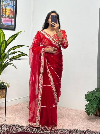 TRENDING BUTTERFLY NET EMBROIDERY SEQUENCE PEARL MOTI WORK SAREE WITH UNSTITCHED BLOUSE RED
