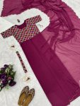 3TRENDING FAUX GEORGETTE EMBROIDERY WORK READY TO WEAR GOWN SAREE WITH WAIST BELT PARTY WEAR WHOLESALE PRICE ETHNIC GARMENT (21)