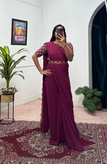 TRENDING FAUX GEORGETTE EMBROIDERY WORK READY TO WEAR GOWN SAREE WITH WAIST BELT WINE