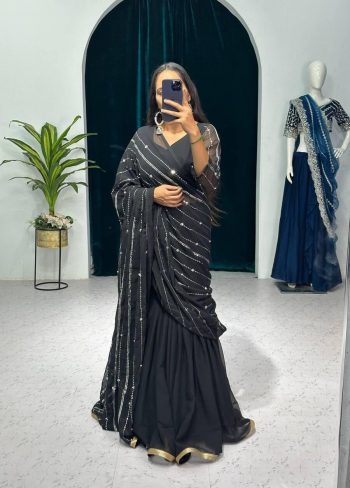 DESIGNER FAUX GEORGETTE EMBROIDERY AND REAL PEARL MOTI WORK LEHENGA SAREE WITH EMBROIDED DUPATTA AND FULL STITCHED BLOUSE BLACK