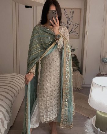 ATTRACTIVE GEORGETTE SEQUENCE EMBROIDERY WORK TOP PANT WITH DUPATTA MINT