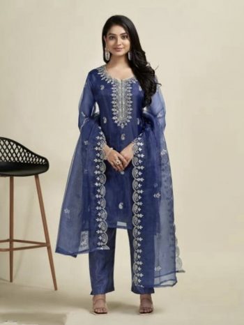 DESIGNER ORGANZA EMBROIDERY WORK TOP BOTTOM WITH DUPATTA NAVY BLUE