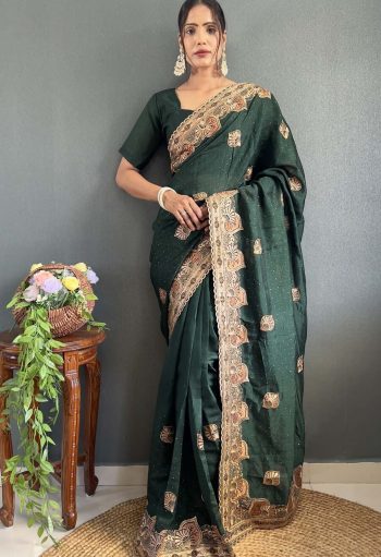 DESIGNER VICHITRA SILK ZARI AND STONE WORK WITH CUT WORK BORDER READY TO WEAR SAREE WITH UNSTITCHED BLOUSE  GREEN