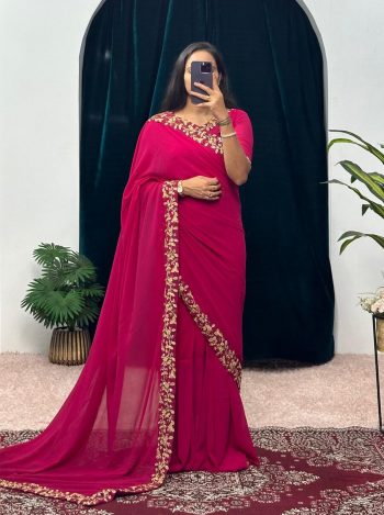 FANCY GEORGETTE FLAIRED LACE WORK GOWN SAREE WITH ATTACHED PALLU RANI
