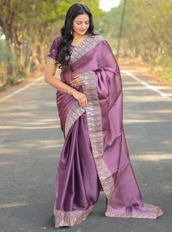 LATEST JIMMY CHOO EMBROIDERY WORK BORDER WITH CUT WORK SAREE WITH UNSTITCHED BLOUSE LAVENDER